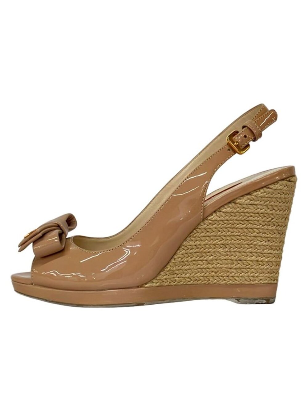 Prada Sport Sandals 37.5 Pink Beige Ribbon Wedge Sole Leather